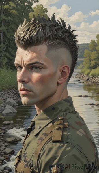 solo,looking at viewer,short hair,shirt,black hair,1boy,closed mouth,green eyes,upper body,male focus,outdoors,necktie,sky,day,collared shirt,cloud,water,uniform,from side,tree,lips,looking to the side,military,military uniform,facial hair,scar,grass,portrait,nature,black necktie,rock,realistic,camouflage,river,jacket,grey eyes,cloudy sky,spiked hair,scar on face,serious,green jacket,very short hair,undercut,soldier,mohawk,camouflage jacket