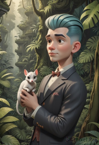 solo,short hair,shirt,long sleeves,1boy,bow,holding,brown eyes,closed mouth,blue hair,standing,jacket,white shirt,upper body,grey hair,male focus,multicolored hair,outdoors,collared shirt,artist name,bowtie,vest,red bow,tree,black jacket,animal,leaf,formal,suit,plant,red bowtie,nature,freckles,realistic,holding animal,hair slicked back,mouse,traditional bowtie,blush,day