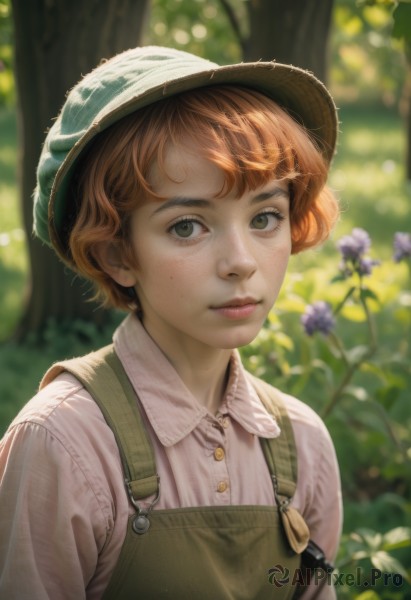 1girl,solo,looking at viewer,smile,short hair,bangs,brown hair,shirt,hat,closed mouth,green eyes,white shirt,upper body,flower,outdoors,day,collared shirt,artist name,orange hair,blurry,tree,lips,buttons,depth of field,blurry background,nature,freckles,realistic,nose,green headwear,overalls,parted lips,eyelashes,watermark,sunlight,web address,purple flower