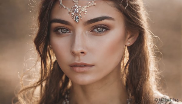 1girl,solo,long hair,looking at viewer,blue eyes,brown hair,jewelry,closed mouth,earrings,necklace,blurry,lips,grey eyes,eyelashes,depth of field,blurry background,wavy hair,tiara,gem,portrait,close-up,freckles,circlet,realistic,nose,parted lips,teeth,brown background