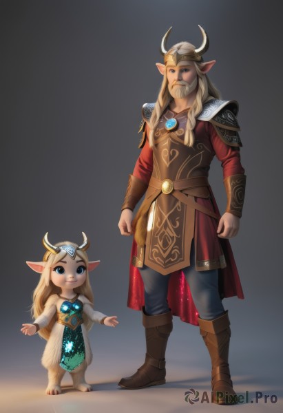 1girl,long hair,looking at viewer,smile,blue eyes,blonde hair,long sleeves,1boy,dress,closed mouth,standing,full body,braid,boots,horns,pointy ears,pants,armor,gradient,gradient background,facial hair,brown footwear,tiara,crown,shoulder armor,gem,beard,height difference,fake horns,hooves,shirt,animal ears,cape,helmet,dual persona,arms at sides,horned helmet