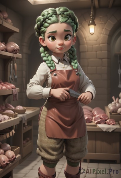 1girl,solo,long hair,looking at viewer,smile,shirt,long sleeves,holding,brown eyes,closed mouth,green eyes,standing,white shirt,braid,boots,food,green hair,collared shirt,pants,indoors,apron,twin braids,thick eyebrows,knife,freckles,shop,brown apron,blush,shorts,artist name,fork,crown braid,egg,potato,onion