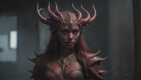 HQ,1girl,solo,long hair,breasts,looking at viewer,large breasts,brown hair,cleavage,brown eyes,medium breasts,upper body,red hair,parted lips,horns,dark skin,armor,blurry,dark-skinned female,lips,blurry background,facial mark,shoulder armor,yellow eyes,makeup,realistic