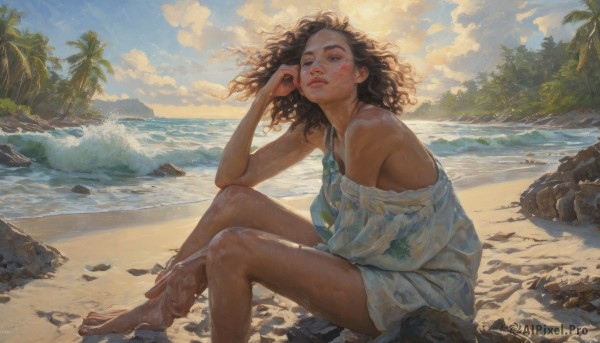 1girl,solo,long hair,brown hair,black hair,dress,bare shoulders,sitting,closed eyes,outdoors,parted lips,sky,barefoot,sleeveless,day,cloud,hand up,dark skin,medium hair,water,white dress,dark-skinned female,tree,blue sky,lips,wet,bare legs,ocean,beach,cloudy sky,messy hair,curly hair,rock,realistic,nose,sand,palm tree,waves,shore,breasts,looking at viewer,brown eyes,swimsuit,teeth,floating hair,wind,wet clothes,scenery,freckles,painting (medium),dirty,faux traditional media,sitting on rock