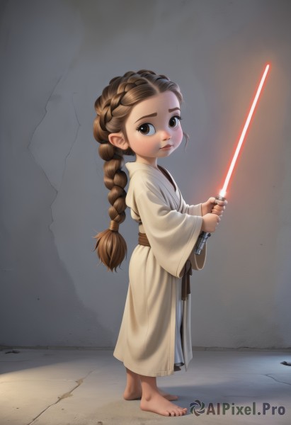 1girl,solo,long hair,looking at viewer,brown hair,holding,brown eyes,standing,full body,weapon,braid,barefoot,sword,holding weapon,feet,lips,single braid,toes,holding sword,aged down,child,braided ponytail,robe,female child,dirty,energy sword,dirty feet,lightsaber,from side,watermark,science fiction,realistic,nose,animification,dougi