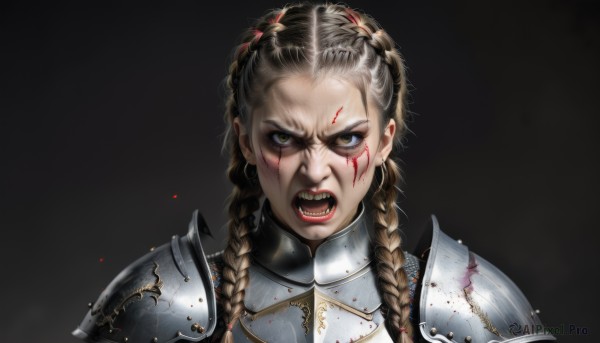 1girl,solo,long hair,looking at viewer,open mouth,simple background,brown hair,brown eyes,upper body,braid,multicolored hair,teeth,armor,twin braids,blood,makeup,scar,lipstick,black background,shoulder armor,portrait,angry,pauldrons,injury,breastplate,blood on face,realistic,red lips,shouting,cuts,plate armor,black hair,yellow eyes,fangs,forehead,dirty,multiple braids