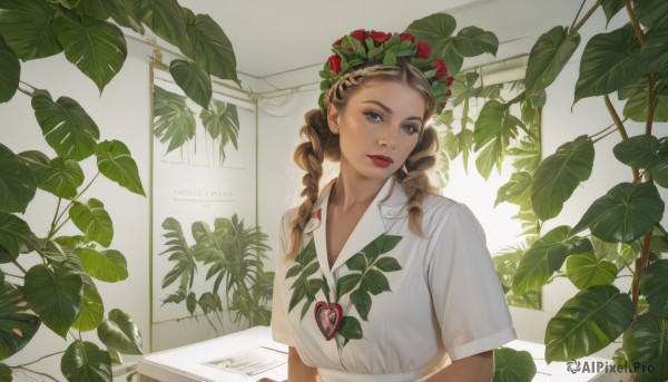 1girl,solo,long hair,looking at viewer,smile,bangs,brown hair,shirt,twintails,brown eyes,jewelry,closed mouth,white shirt,upper body,braid,short sleeves,heart,indoors,necklace,twin braids,lips,makeup,leaf,plant,paper,red lips,head wreath,breasts,earrings,collared shirt,artist name,english text,head tilt,sunlight,lipstick,realistic,nose