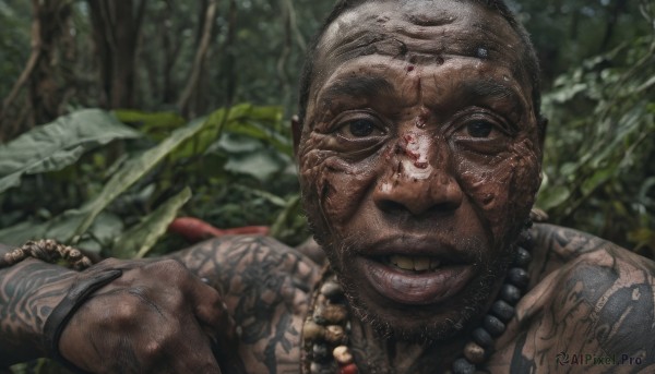 solo,looking at viewer,smile,1boy,jewelry,male focus,outdoors,teeth,dark skin,necklace,grin,blurry,black eyes,bracelet,tree,tattoo,blurry background,facial hair,dark-skinned male,portrait,nature,forest,realistic,bald,upper body,topless male,manly