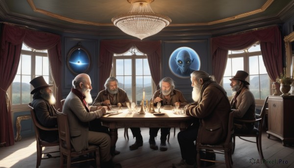 smile,gloves,long sleeves,hat,sitting,standing,jacket,closed eyes,white hair,grey hair,male focus,multiple boys,necktie,glasses,day,pants,indoors,scarf,black footwear,cup,coat,black jacket,window,black headwear,facial hair,chair,formal,table,bottle,suit,plant,curtains,red necktie,beard,drinking glass,6+boys,brown jacket,top hat,wooden floor,card,mustache,lamp,5boys,bald,old,old man,vase,fedora,cane,board game,chandelier,1girl,yellow eyes,monster,ghost,realistic,blue skin,candle,smoking pipe,alien,globe