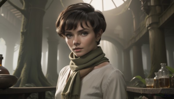 1girl,solo,looking at viewer,short hair,bangs,brown hair,shirt,black hair,gloves,jewelry,white shirt,upper body,earrings,indoors,scarf,tree,cup,lips,grey eyes,eyelashes,sunlight,bottle,realistic,nose,stud earrings,green scarf,brown eyes,closed mouth,parted lips,black eyes,window,table,plant,backlighting,bowl