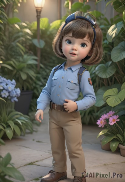 1girl,solo,looking at viewer,smile,short hair,open mouth,bangs,blue eyes,brown hair,shirt,long sleeves,standing,full body,flower,outdoors,parted lips,shoes,teeth,collared shirt,belt,pants,blunt bangs,bag,blurry,uniform,lips,brown footwear,blue shirt,plant,goggles,child,buckle,pocket,goggles on head,belt buckle,female child,shirt tucked in,brown belt,lamp,breast pocket,brown pants,lamppost,bob cut,pink flower,realistic,potted plant,badge