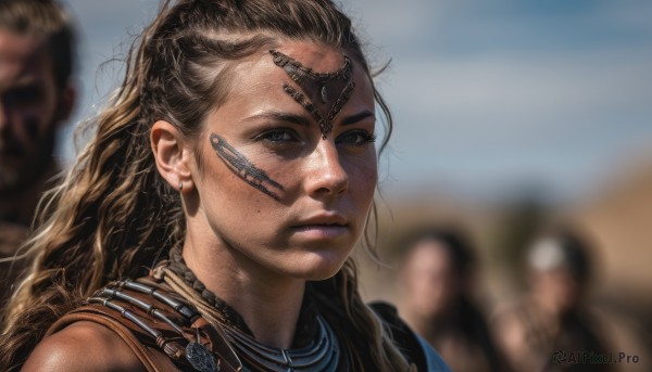 1girl,long hair,looking at viewer,blue eyes,brown hair,black hair,jewelry,closed mouth,upper body,earrings,outdoors,multiple boys,solo focus,necklace,mole,blurry,lips,depth of field,blurry background,wavy hair,portrait,mole under mouth,freckles,realistic,nose,multiple girls,blonde hair,facepaint,dirty