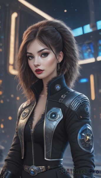 1girl,solo,long hair,breasts,looking at viewer,brown hair,black hair,long sleeves,cleavage,jewelry,collarbone,jacket,upper body,ponytail,earrings,small breasts,parted lips,open clothes,belt,artist name,blurry,open jacket,lips,black jacket,grey eyes,bodysuit,makeup,depth of field,blurry background,lipstick,eyeshadow,zipper,nose,unzipped,red lips,leather,leather jacket,medium breasts,teeth,backlighting,cropped jacket,realistic,emblem