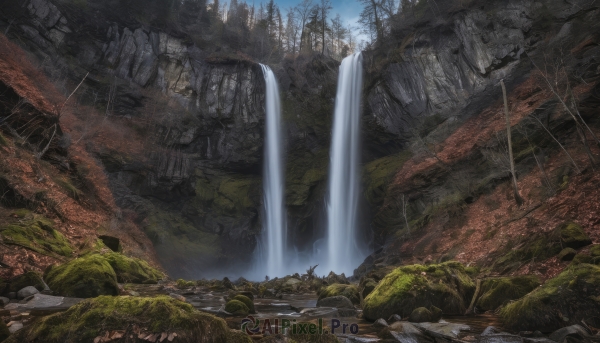 outdoors,sky,day,water,tree,no humans,nature,scenery,forest,rock,ruins,bridge,river,waterfall,landscape,cliff,moss,cloud,blue sky,stream