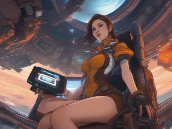 1girl,solo,breasts,looking at viewer,short hair,large breasts,brown hair,gloves,holding,brown eyes,medium breasts,sitting,short sleeves,thighs,parted lips,sky,signature,fingerless gloves,lips,bare legs,star (sky),brown gloves,zipper,single glove,science fiction,space,explosion,planet,earth (planet),spacecraft,cockpit,blue eyes,puffy sleeves,bodysuit,robot,realistic,pilot suit,jumpsuit,spacesuit,holographic interface