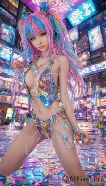 1girl,solo,long hair,breasts,looking at viewer,smile,bangs,blue eyes,navel,bare shoulders,twintails,jewelry,medium breasts,underwear,blue hair,standing,panties,swimsuit,pink hair,bikini,multicolored hair,water,necklace,nail polish,bracelet,two-tone hair,lips,streaked hair,kneeling,aqua hair,ring,revealing clothes,blue nails,realistic,cleavage,closed mouth,earrings,artist name,fingernails,watermark,piercing,gem,web address,beads,navel piercing,aqua nails,shop,blue gemstone,neon lights