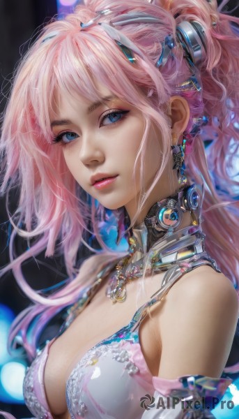 1girl,solo,long hair,breasts,looking at viewer,bangs,blue eyes,hair ornament,cleavage,bare shoulders,jewelry,medium breasts,upper body,ponytail,pink hair,earrings,parted lips,detached sleeves,choker,necklace,blurry,lips,eyelashes,makeup,realistic,nose,sidelocks,bra,from side,gem,pink lips