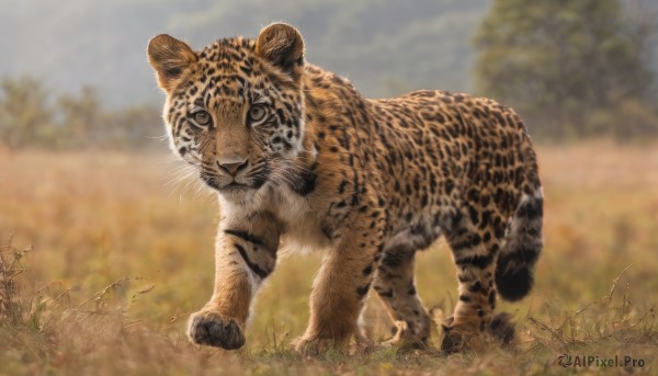 solo,looking at viewer,standing,full body,outdoors,sky,day,blurry,tree,no humans,depth of field,blurry background,animal,grass,nature,realistic,animal focus,tiger,field