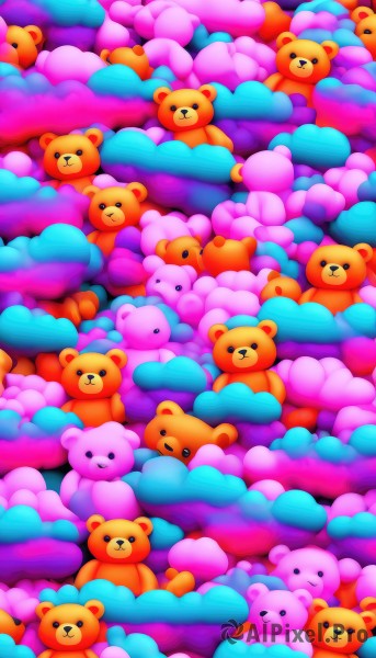 looking at viewer,smile,closed mouth,closed eyes,artist name,black eyes,no humans,stuffed toy,stuffed animal,teddy bear,solid circle eyes,bear,too many,odd one out,:3,:<,colorful