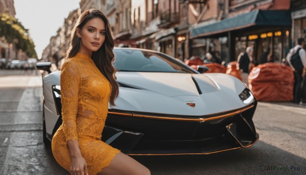 1girl,long hair,breasts,looking at viewer,smile,brown hair,black hair,long sleeves,dress,brown eyes,jewelry,medium breasts,sitting,outdoors,solo focus,dark skin,blurry,dark-skinned female,lips,makeup,blurry background,ground vehicle,motor vehicle,realistic,car,road,yellow dress,vehicle focus,photo background,sports car,solo,day,leaning back,hair behind ear,orange dress,real world location