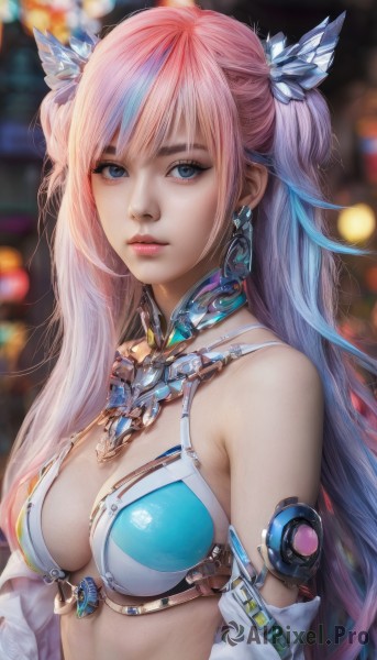 1girl,solo,long hair,breasts,looking at viewer,bangs,blue eyes,hair ornament,cleavage,bare shoulders,jewelry,medium breasts,blue hair,swimsuit,upper body,pink hair,bikini,multicolored hair,earrings,parted lips,necklace,blurry,two-tone hair,two side up,lips,blurry background,bikini top only,realistic,nose,twintails,closed mouth,detached sleeves,artist name,armor,streaked hair,eyelashes,gradient hair,makeup,detached collar,depth of field,watermark,expressionless,pink lips,bikini armor