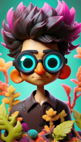 solo,looking at viewer,smile,short hair,brown hair,shirt,black hair,1boy,closed mouth,upper body,flower,male focus,collared shirt,artist name,blurry,black shirt,leaf,plant,spiked hair,goggles,male child,coral,tracer (overwatch),buttons,watermark,child,web address,green background,aqua background