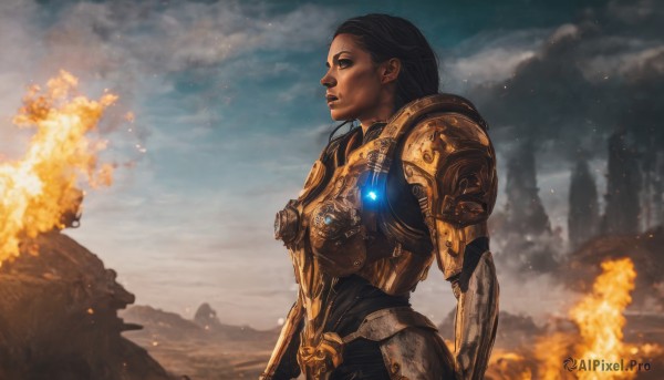 A enchanting fiery outdoors highlighting a cyborg