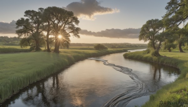 outdoors,sky,day,cloud,water,tree,no humans,grass,nature,scenery,forest,reflection,sunset,mountain,river,landscape,lake,reflective water,sunlight,cloudy sky,sun