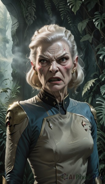 1girl,solo,breasts,looking at viewer,short hair,open mouth,blonde hair,long sleeves,jewelry,medium breasts,green eyes,upper body,white hair,earrings,outdoors,teeth,pointy ears,armor,tree,lips,grey eyes,bodysuit,blood,leaf,plant,shoulder armor,nature,angry,forest,smoke,injury,breastplate,blood on face,realistic,nose,old,scar,clenched teeth,scar on face