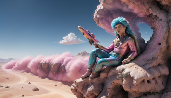 jinx (league of legends),1girl,solo,long hair,smile,bangs,shirt,long sleeves,holding,jewelry,sitting,closed mouth,blue hair,weapon,braid,boots,outdoors,green hair,sky,day,belt,pants,artist name,cloud,holding weapon,blue sky,gun,tattoo,brown footwear,holding gun,smoke,desert,1boy,male focus,earrings,alternate costume,necklace,science fiction,rock,realistic,aircraft,energy gun