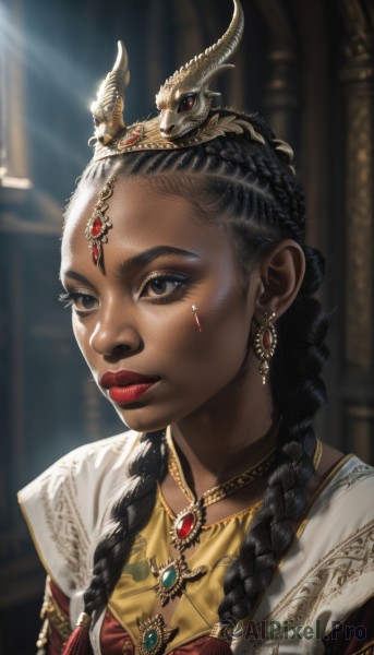 1girl,solo,long hair,black hair,hair ornament,dress,brown eyes,jewelry,closed mouth,upper body,braid,earrings,horns,choker,dark skin,necklace,blurry,black eyes,twin braids,dark-skinned female,lips,makeup,blurry background,looking away,red dress,sunlight,tiara,crown,lipstick,gem,portrait,forehead,gold trim,realistic,nose,red lips,red gemstone,multiple braids,gold