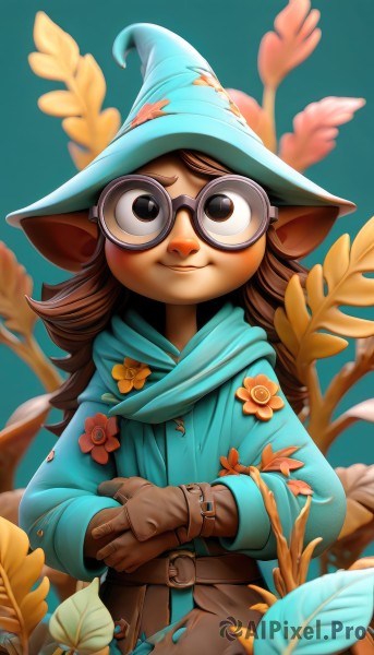 1girl,solo,long hair,looking at viewer,smile,brown hair,gloves,long sleeves,hat,brown eyes,closed mouth,upper body,flower,outdoors,glasses,pointy ears,belt,pants,artist name,hood,blurry,black eyes,witch hat,blurry background,leaf,blue background,crossed arms,hood down,plant,goggles,furry,buckle,brown gloves,blue headwear,belt buckle,yellow flower,round eyewear,brown belt,blue coat,blue hoodie,wizard hat,orange flower,brown-framed eyewear,simple background,scarf,torn clothes,watermark,own hands together,web address,black-framed eyewear,branch,leather,leather gloves