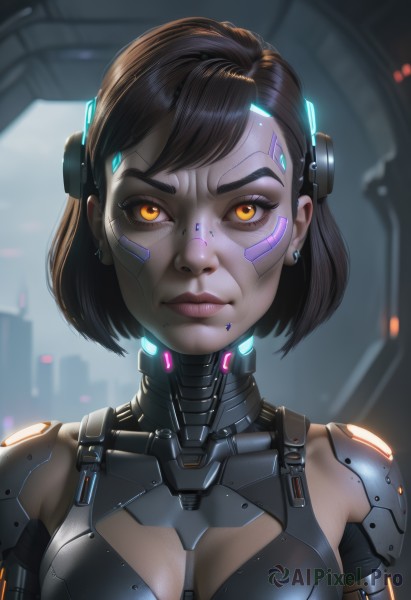 1girl,solo,breasts,looking at viewer,short hair,bangs,brown hair,black hair,cleavage,brown eyes,jewelry,medium breasts,closed mouth,upper body,earrings,artist name,blurry,lips,orange eyes,bodysuit,makeup,blurry background,swept bangs,glowing,headgear,portrait,science fiction,nose,android,stud earrings,cyborg,robot joints,neon trim,cyberpunk,eyelashes,facial mark,glowing eyes,close-up,eyeshadow,backlighting,realistic,eyeliner,facepaint,dirty,mascara,dirty face