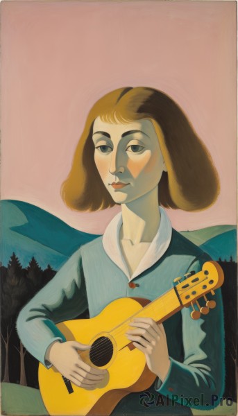 1girl,solo,looking at viewer,short hair,brown hair,shirt,long sleeves,holding,animal ears,brown eyes,jacket,upper body,outdoors,collared shirt,black eyes,tree,lips,blue shirt,instrument,mountain,music,guitar,playing instrument,holding instrument,blush,black hair,sitting,sky,shadow,dog ears,fine art parody