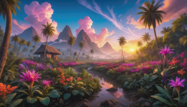 flower, outdoors, sky, cloud, water, tree, no humans, cloudy sky, grass, plant, nature, scenery, sunset, mountain, palm tree, sun