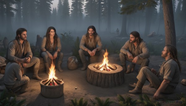 long hair,brown hair,black hair,sitting,male focus,boots,outdoors,food,multiple boys,pants,hood,bag,vest,tree,facial hair,fire,nature,beard,forest,6+boys,4boys,rock,mustache,5boys,log,campfire,smile,shirt,jacket,night,bird,brown jacket,realistic,cooking,boots removed