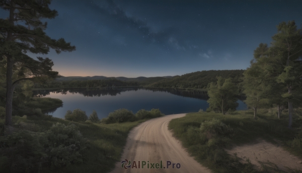 outdoors,sky,cloud,water,tree,no humans,night,grass,star (sky),nature,night sky,scenery,forest,starry sky,sunset,road,bush,river,landscape,path,ocean,plant,horizon,shore