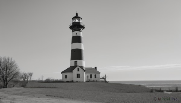 monochrome,greyscale,outdoors,sky,cloud,water,tree,no humans,ocean,building,scenery,watercraft,bare tree,tower,lighthouse,day,grey background,window,cloudy sky,horizon,lamppost,fog,grey sky,overcast