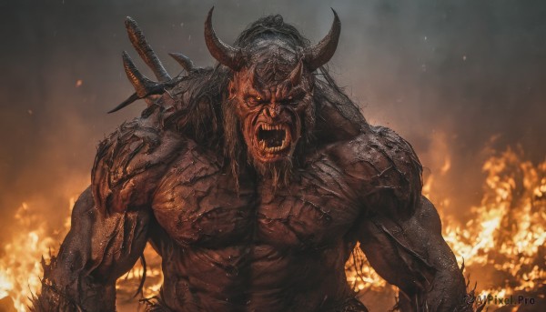 solo,long hair,looking at viewer,open mouth,red eyes,1boy,upper body,weapon,male focus,horns,teeth,sword,muscular,glowing,colored skin,fangs,scar,fire,sharp teeth,muscular male,glowing eyes,topless male,monster,red skin,weapon on back,demon,embers,black hair,no humans,burning