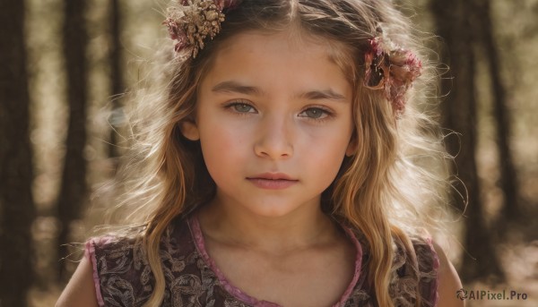 1girl,solo,long hair,looking at viewer,blonde hair,hair ornament,green eyes,collarbone,upper body,flower,parted lips,sleeveless,hair flower,blurry,lips,grey eyes,eyelashes,depth of field,blurry background,portrait,freckles,curly hair,realistic,brown hair,dress,brown eyes,nature,veil