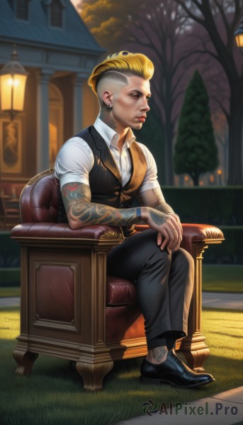 1girl,solo,short hair,blonde hair,shirt,1boy,jewelry,sitting,full body,white shirt,short sleeves,male focus,multicolored hair,earrings,outdoors,shoes,collared shirt,pants,black footwear,vest,two-tone hair,tree,lips,tattoo,chair,black pants,piercing,ring,crossed legs,grass,ear piercing,black vest,lantern,realistic,nose,stud earrings,lamp,arm tattoo,undercut,armchair,artist name,night,facial hair