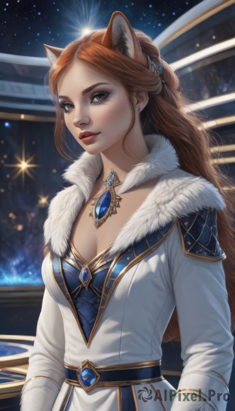 1girl,solo,long hair,breasts,looking at viewer,brown hair,long sleeves,dress,animal ears,cleavage,brown eyes,jewelry,medium breasts,upper body,earrings,parted lips,belt,necklace,white dress,lips,coat,fur trim,makeup,night,lipstick,gem,eyeshadow,freckles,white coat,red lips,fur-trimmed coat,blush,smile,hair ornament,braid,artist name,orange hair,dog ears,extra ears,fur collar,realistic