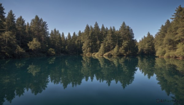 outdoors,sky,day,water,tree,blue sky,no humans,nature,scenery,forest,reflection,river,landscape,lake,fantasy