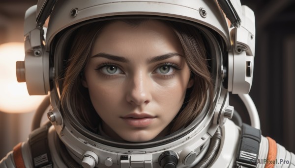 1girl,solo,looking at viewer,brown hair,brown eyes,closed mouth,green eyes,blurry,lips,depth of field,blurry background,helmet,portrait,close-up,freckles,reflection,realistic,nose,spacesuit,space helmet,astronaut,short hair,eyelashes,science fiction,serious,straight-on