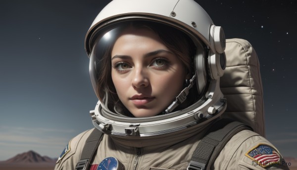 1girl,solo,looking at viewer,short hair,brown hair,brown eyes,closed mouth,upper body,outdoors,sky,blurry,lips,backpack,helmet,portrait,star (sky),freckles,mountain,realistic,nose,space,american flag,spacesuit,space helmet,astronaut,bag,blurry background,reflection,planet,earth (planet),united states