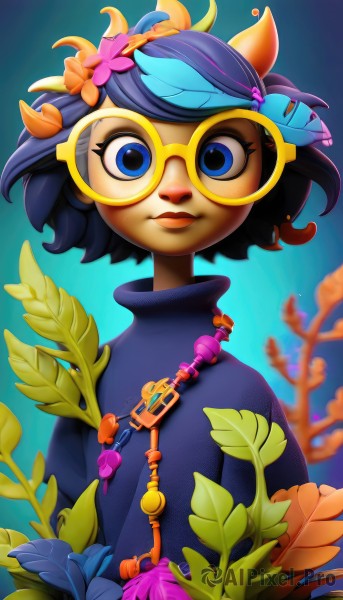 1girl,solo,looking at viewer,smile,short hair,blue eyes,black hair,hair ornament,jewelry,closed mouth,blue hair,upper body,flower,glasses,artist name,hair flower,dark skin,necklace,blurry,dark-skinned female,lips,eyelashes,makeup,turtleneck,chain,leaf,plant,lipstick,pink flower,purple flower,key,gold chain,yellow-framed eyewear,sweater,watermark,freckles