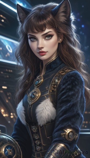 1girl,solo,long hair,looking at viewer,bangs,brown hair,long sleeves,animal ears,jewelry,closed mouth,upper body,earrings,cat ears,mole,blurry,lips,grey eyes,fur trim,eyelashes,mole under eye,makeup,blurry background,wavy hair,lipstick,brooch,gem,eyeshadow,freckles,nose,red lips,breasts,artist name,signature,animal ear fluff,wolf ears,thick eyebrows,corset,backlighting,realistic,eyeliner,fur