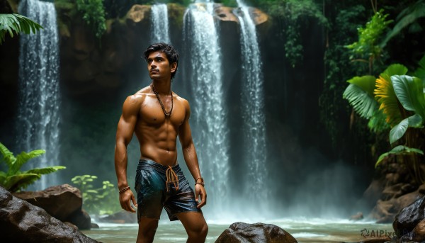 HQ,solo,short hair,black hair,1boy,hat,navel,jewelry,nipples,standing,male focus,outdoors,shorts,dark skin,water,necklace,bracelet,tree,muscular,abs,dark-skinned male,pectorals,plant,nature,forest,topless male,rock,realistic,male swimwear,waterfall,swim trunks,earrings,day,pubic hair,tattoo,facial hair,leaf,piercing,muscular male,male pubic hair,bara,large pectorals,chest hair,navel hair