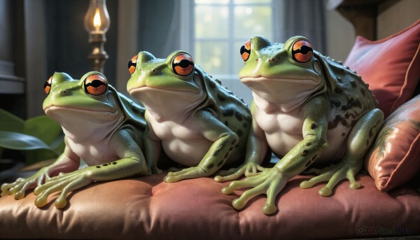 HQ,looking at viewer,closed mouth,male focus,lying,day,artist name,indoors,blurry,pillow,no humans,window,bed,depth of field,blurry background,animal,on bed,watermark,on stomach,curtains,web address,furry,realistic,frog,candle,green skin,animal focus,yellow eyes,colored skin,horizontal pupils