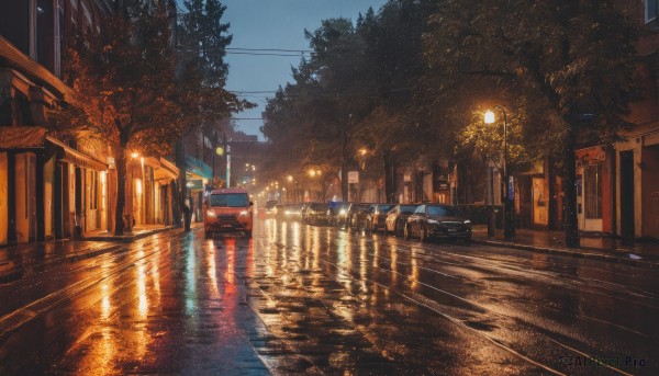 outdoors,sky,water,tree,no humans,window,night,plant,ground vehicle,building,star (sky),night sky,scenery,motor vehicle,reflection,city,car,light,road,bench,bush,bridge,power lines,lamppost,street,utility pole,puddle,vanishing point,cloud,rain,sign,evening,pavement,crosswalk,real world location,sidewalk